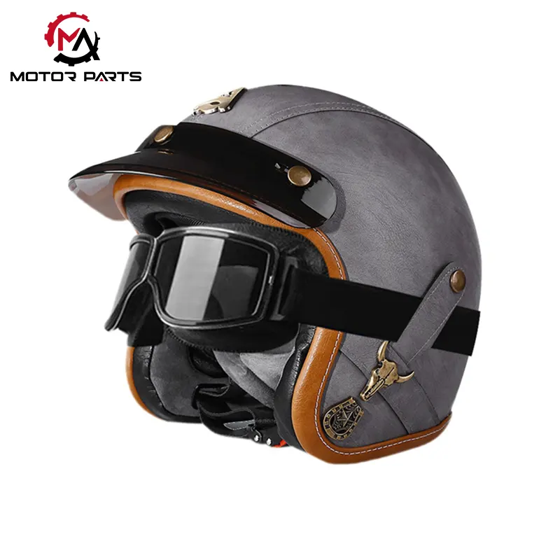 Motorcycle Half Face Helmet Leather With Goggles